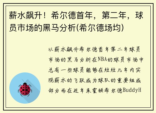 薪水飙升！希尔德首年，第二年，球员市场的黑马分析(希尔德场均)