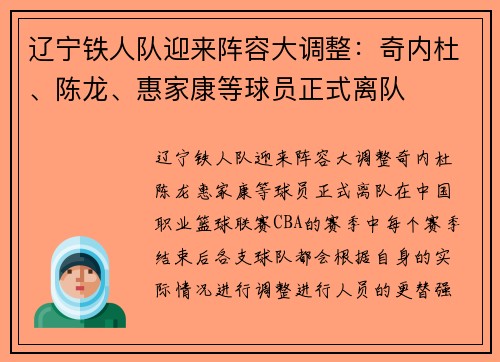 辽宁铁人队迎来阵容大调整：奇内杜、陈龙、惠家康等球员正式离队