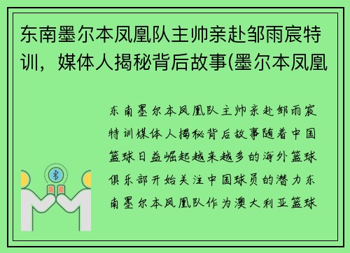 东南墨尔本凤凰队主帅亲赴邹雨宸特训，媒体人揭秘背后故事(墨尔本凤凰队名单)